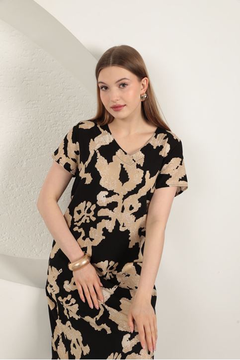 Viskon Kumaş Desenli Elbise-Siyah