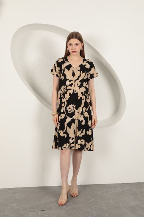 Viskon Kumaş Desenli Elbise-Siyah