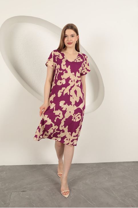 Viskon Kumaş Desenli Elbise-Mor