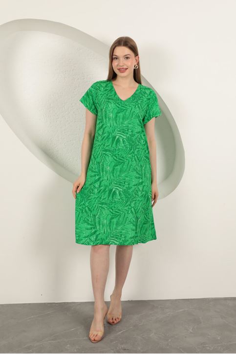 Viskon Kumaş Yaprak Desenli Elbise-Yeşil