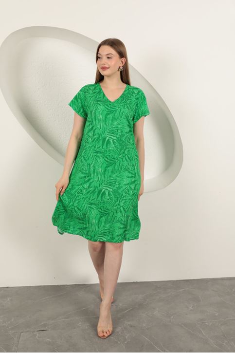 Viskon Kumaş Yaprak Desenli Elbise-Yeşil