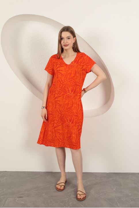 Viskon Kumaş Yaprak Desenli Elbise-Oranj