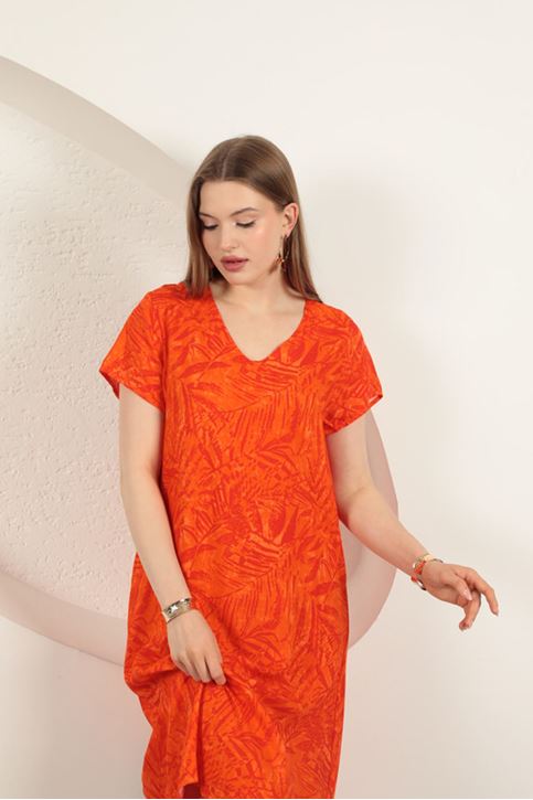 Viskon Kumaş Yaprak Desenli Elbise-Oranj