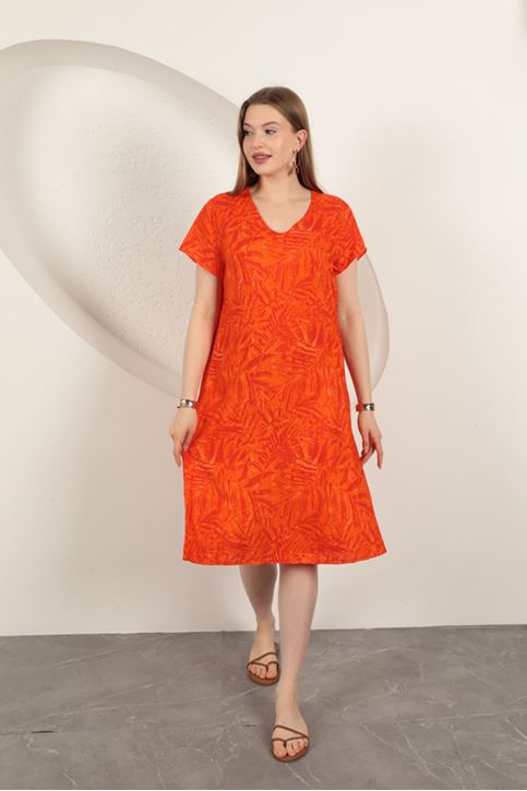Viskon Kumaş Yaprak Desenli Elbise-Oranj