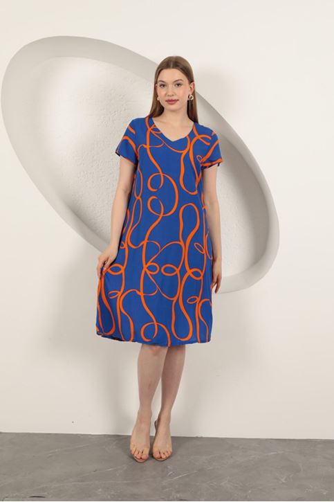 Viskon Kumaş Çizgi Desenli Elbise-Saks