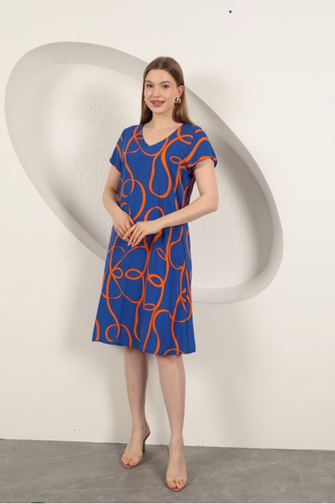 Viskon Kumaş Çizgi Desenli Elbise-Saks