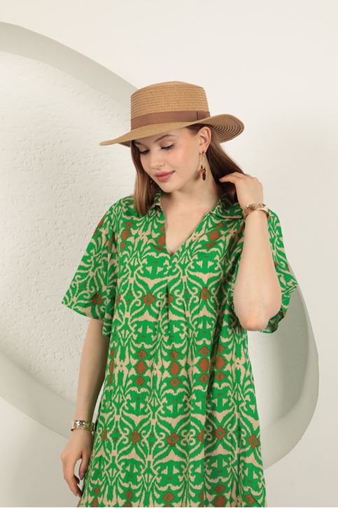 Viskon Etnik Desenli Elbise-Yeşil