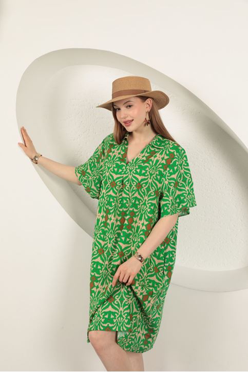 Viskon Etnik Desenli Elbise-Yeşil