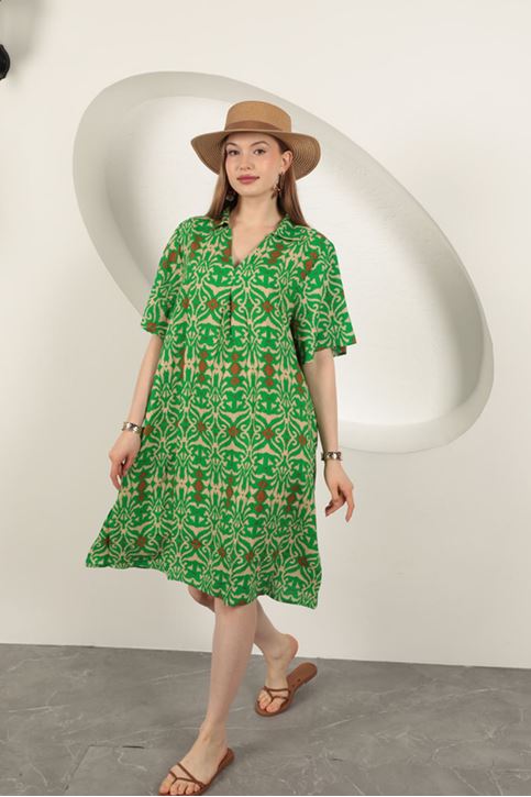 Viskon Etnik Desenli Elbise-Yeşil