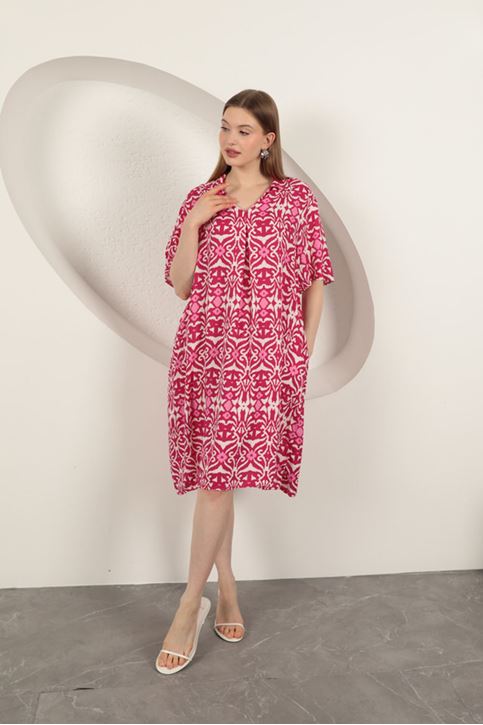 Viskon Etnik Desenli Elbise-Fuşya