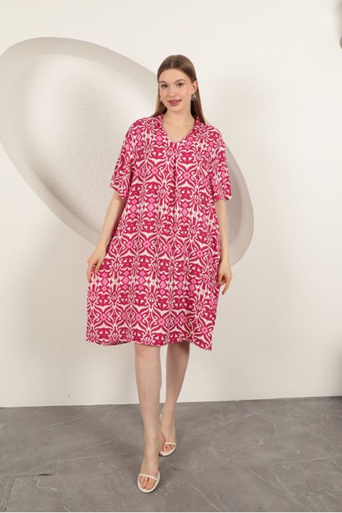 Viskon Etnik Desenli Elbise-Fuşya