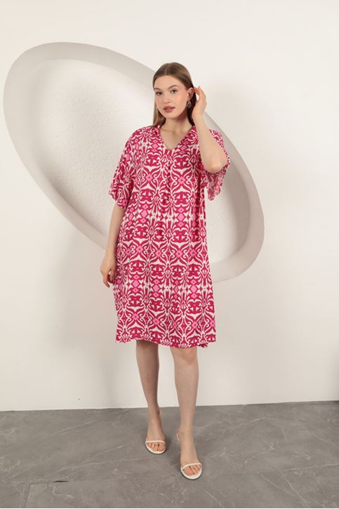 Viskon Etnik Desenli Elbise-Fuşya