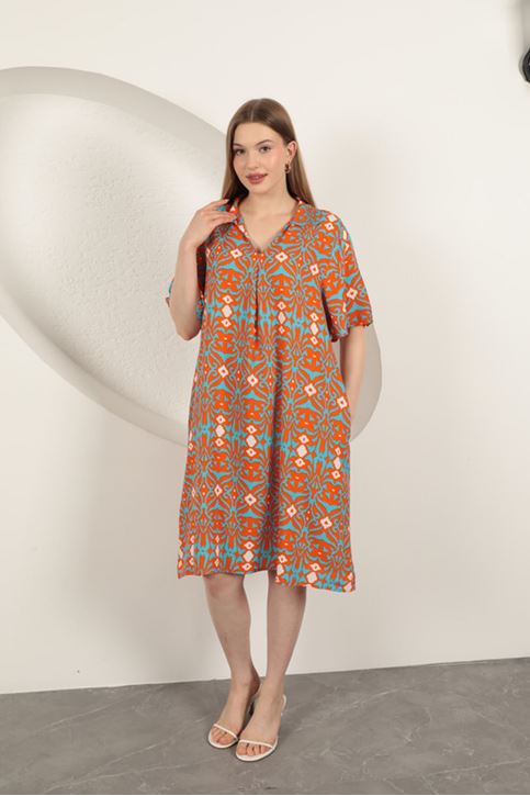 Viskon Etnik Desenli Elbise-Oranj