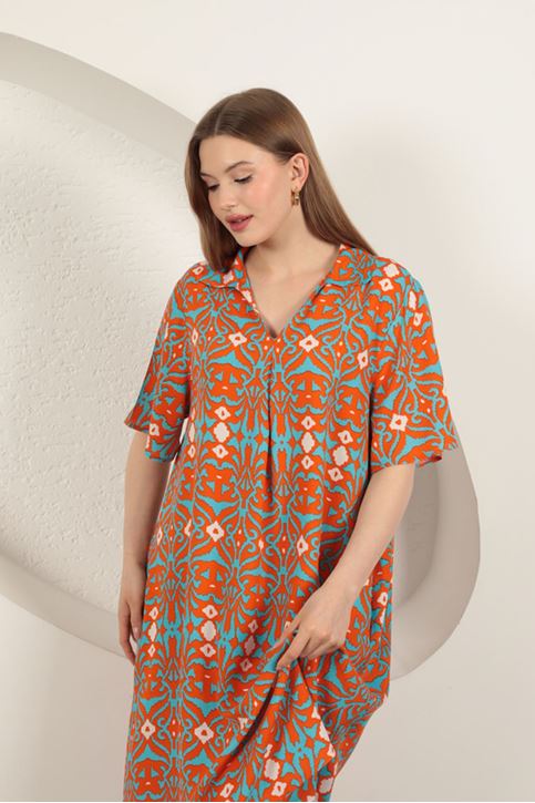 Viskon Etnik Desenli Elbise-Oranj