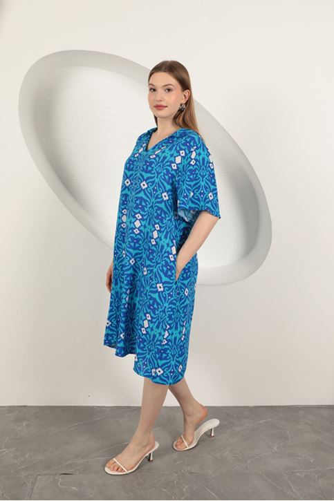 Viskon Etnik Desenli Elbise-Mavi