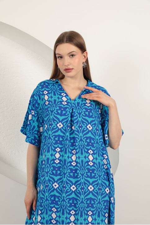 Viskon Etnik Desenli Elbise-Mavi