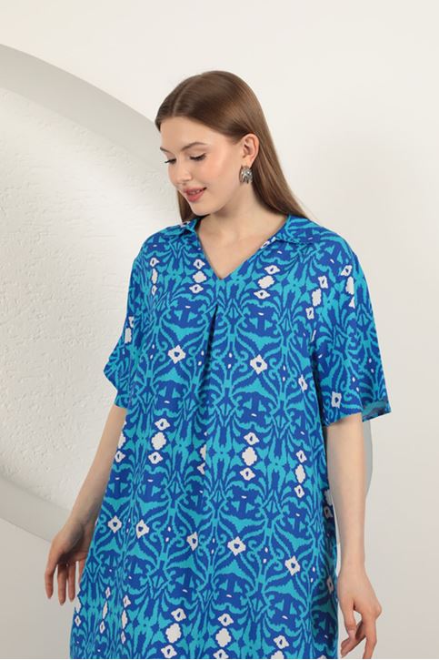 Viskon Etnik Desenli Elbise-Mavi