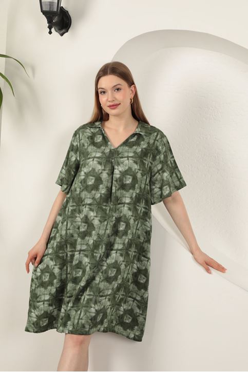 Viskon Desenli Elbise-Haki