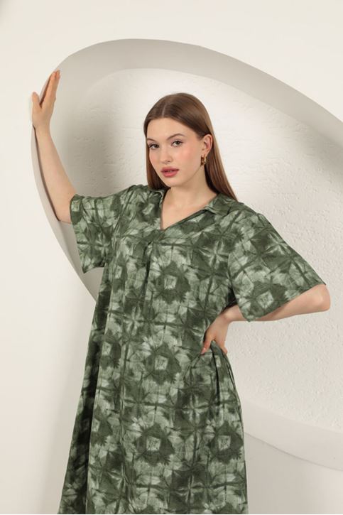 Viskon Desenli Elbise-Haki