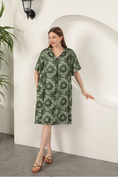 Viskon Desenli Elbise-Haki