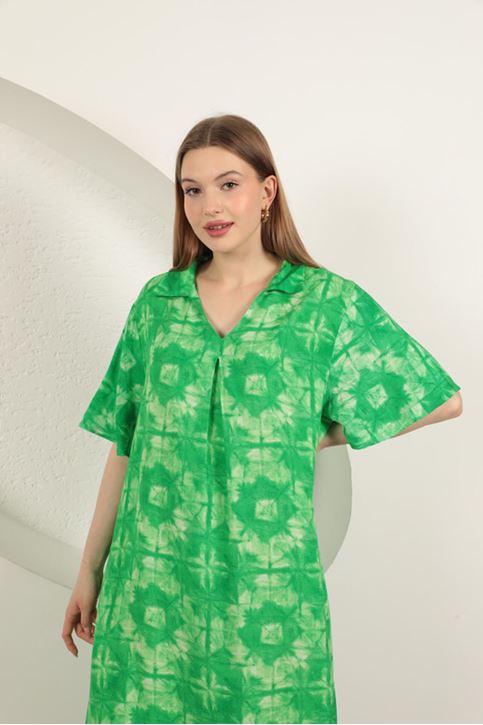 Viskon Desenli Elbise-Yeşil