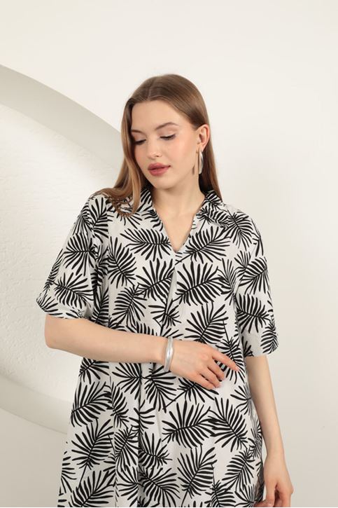 Viskon Palmiye Desenli Elbise-Ekru