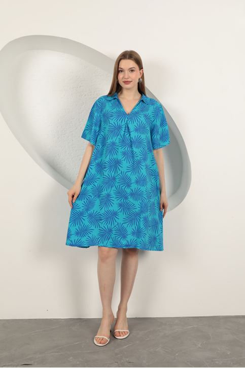 Viskon Palmiye Desenli Elbise-Mavi