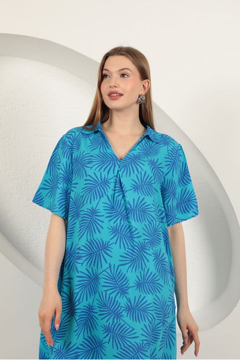 Viskon Palmiye Desenli Elbise-Mavi