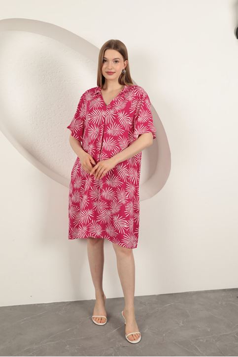 Viskon Palmiye Desenli Elbise-Fuşya
