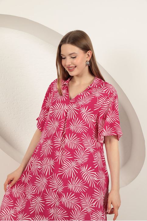 Viskon Palmiye Desenli Elbise-Fuşya