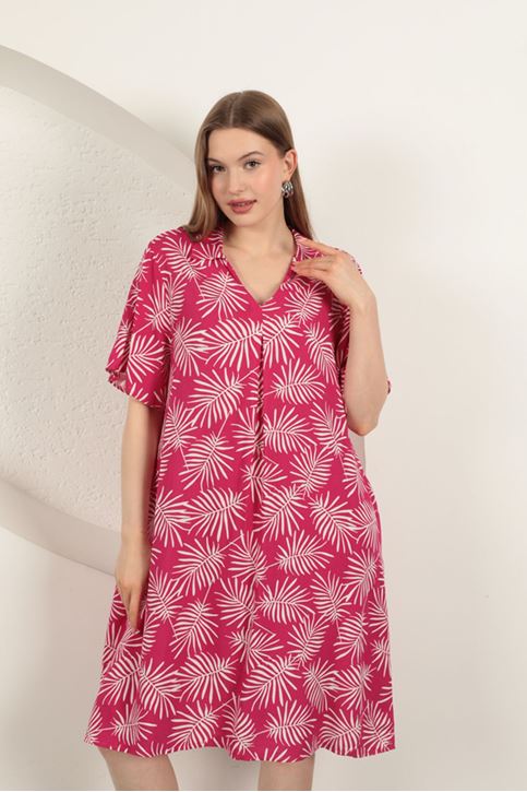 Viskon Palmiye Desenli Elbise-Fuşya