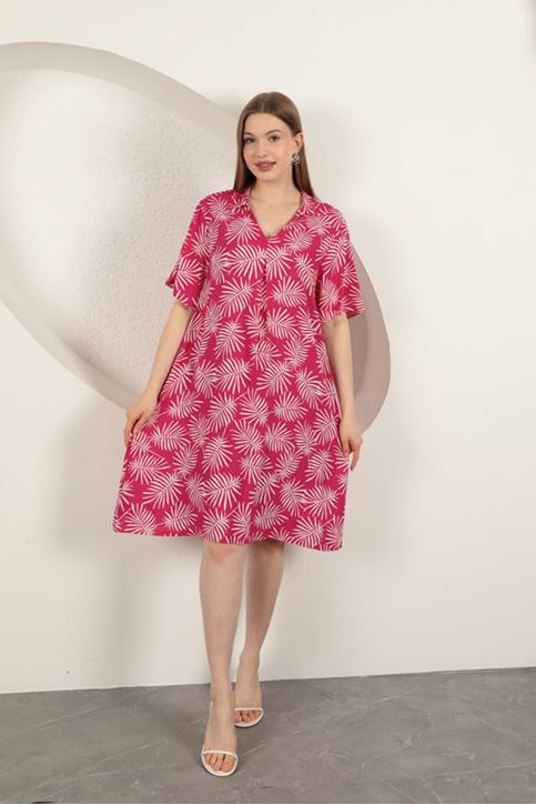 Платье с узором из вискозных пальм - фуксия