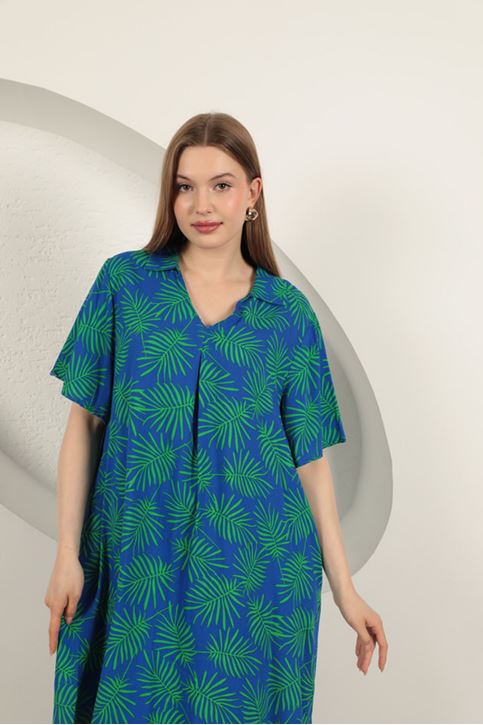 Viskon Palmiye Desenli Elbise-Saks/Yeşil