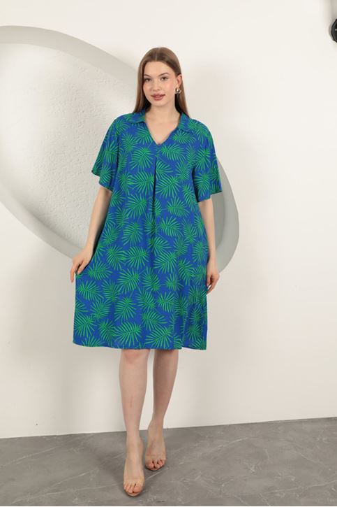 Viskon Palmiye Desenli Elbise-Saks/Yeşil
