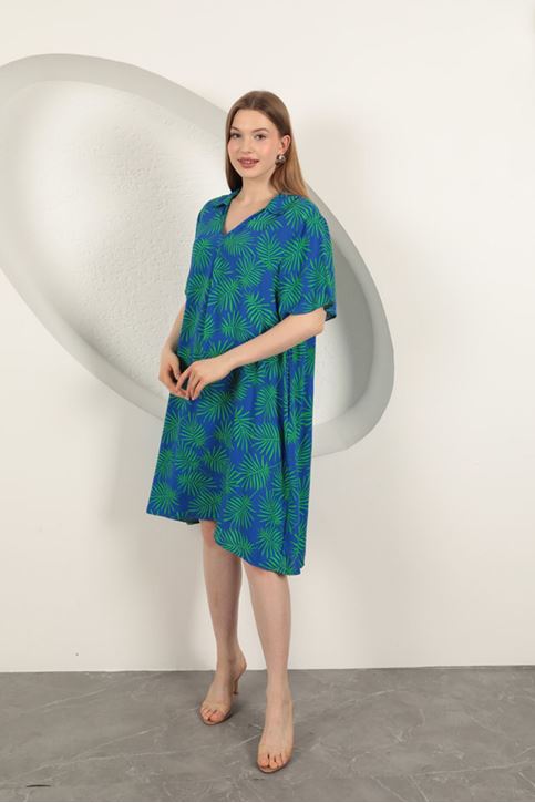 Viskon Palmiye Desenli Elbise-Saks/Yeşil