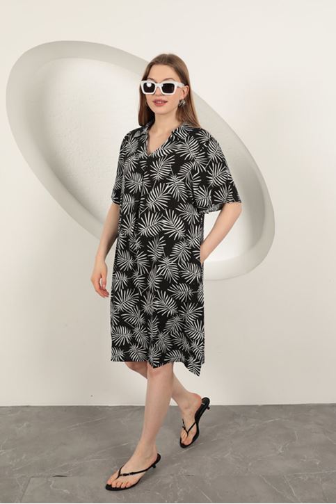 Viskon Palmiye Desenli Elbise-Siyah