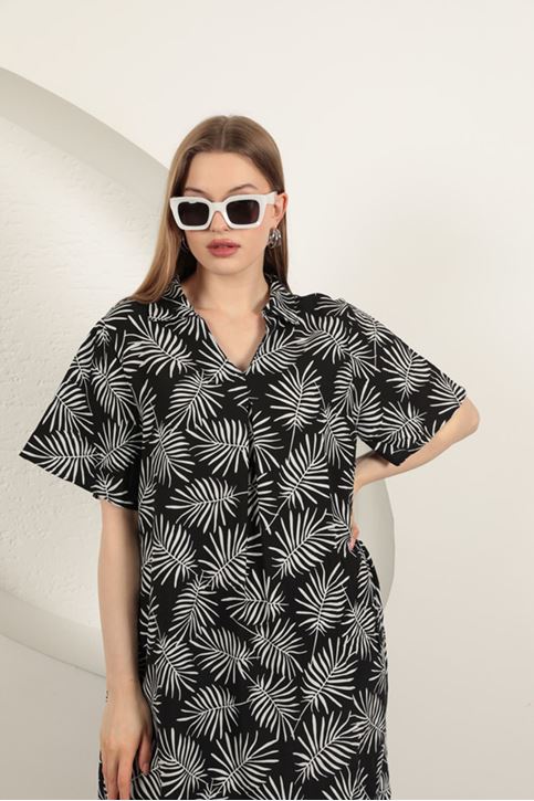 Viskon Palmiye Desenli Elbise-Siyah