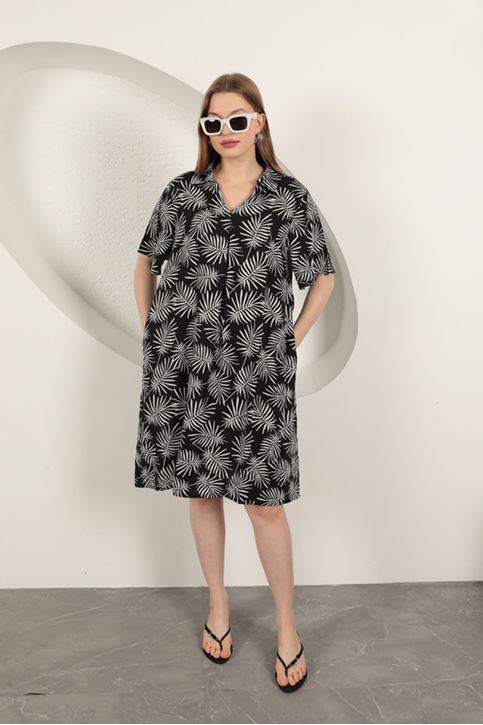 Viskon Palmiye Desenli Elbise-Siyah