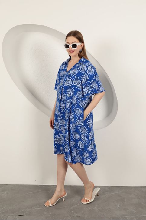 Viskon Palmiye Desenli Elbise-Saks