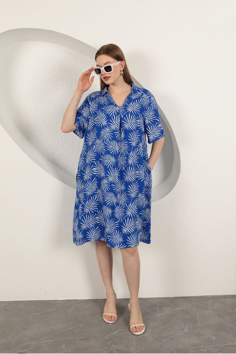 Viskon Palmiye Desenli Elbise-Saks