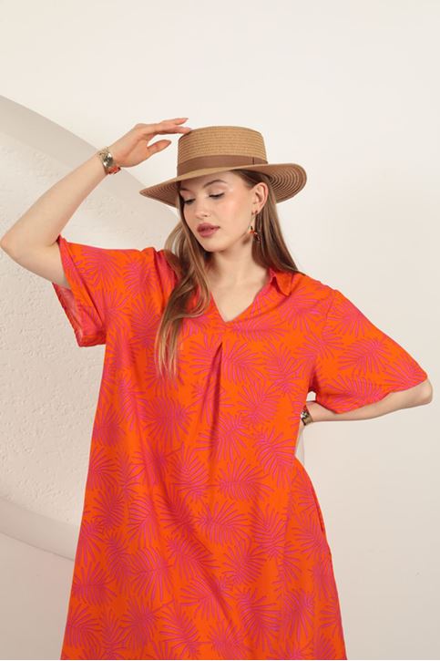 Viskon Palmiye Desenli Elbise-Oranj