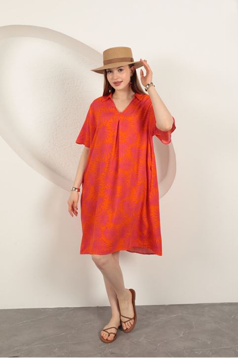 Viskon Palmiye Desenli Elbise-Oranj