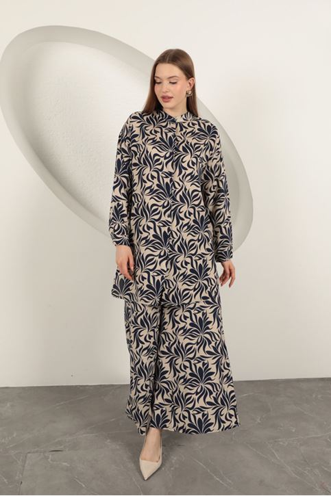 بدلة نسائية منقوشة من قماش الفيسكوز - أزرق داكن