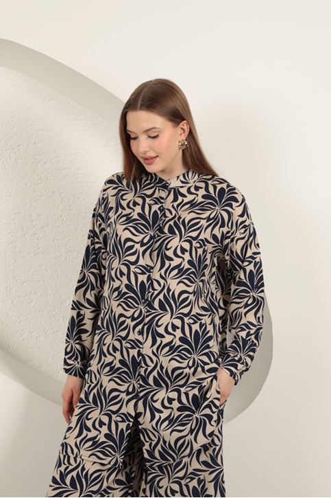 بدلة نسائية منقوشة من قماش الفيسكوز - أزرق داكن