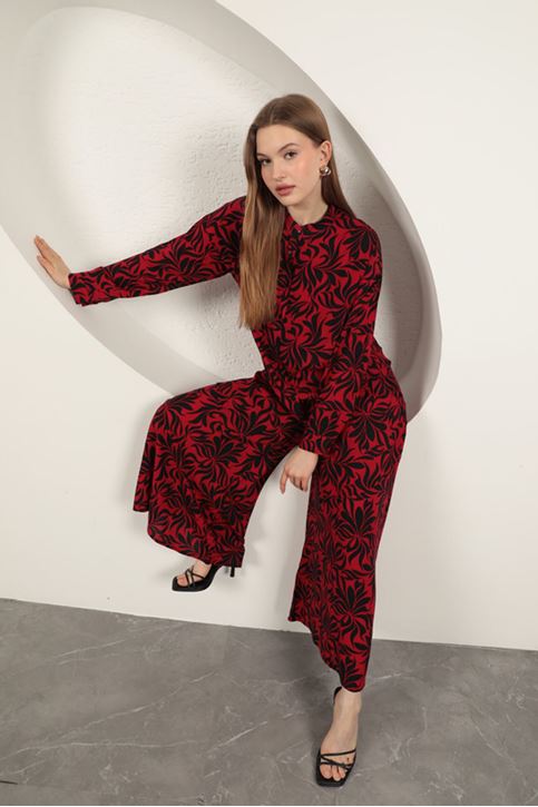 بدلة نسائية منقوشة من قماش الفيسكوز - أزرق داكن