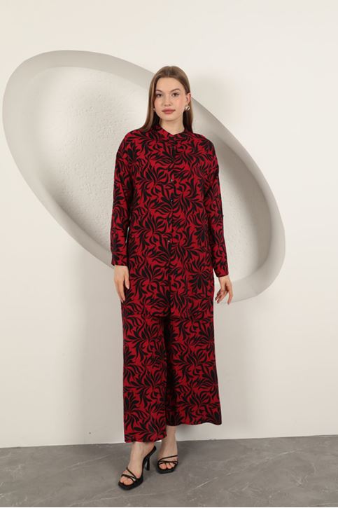 بدلة نسائية منقوشة من قماش الفيسكوز - أزرق داكن