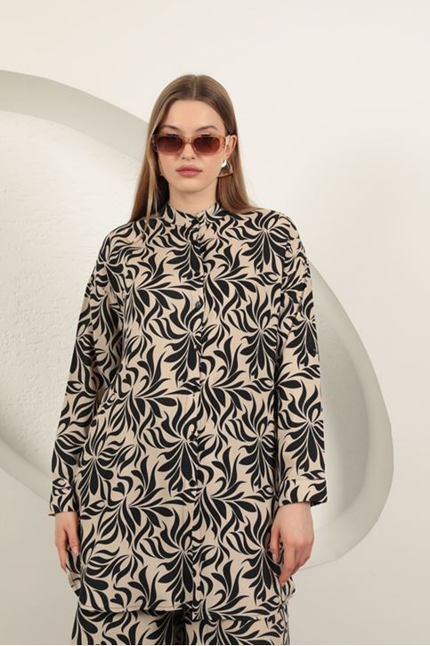 بدلة نسائية منقوشة من قماش الفسكوز - بيج