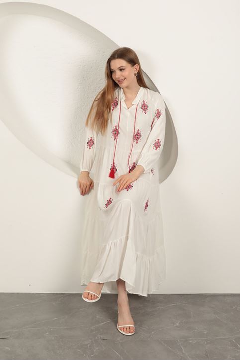 Viskon Kumaş Çıtır Nakışlı Elbise-Ekru