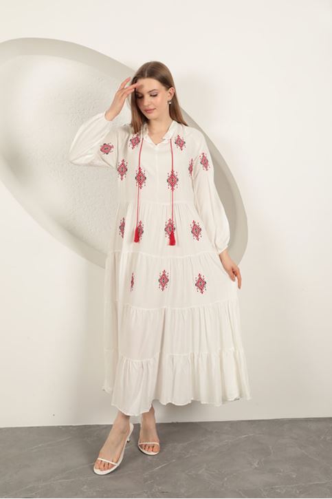 Viskon Kumaş Çıtır Nakışlı Elbise-Ekru