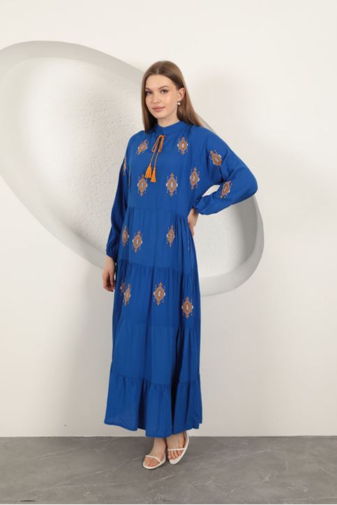 Viskon Kumaş Çıtır Nakışlı Elbise-Saks